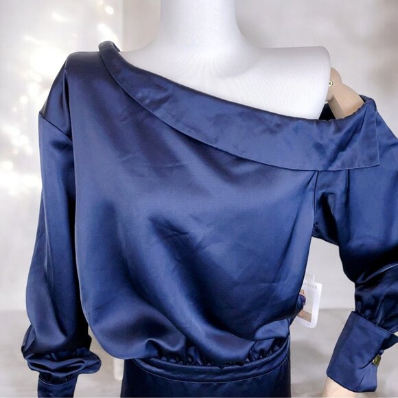 NWT Moon River Navy Satin Off Shoulder Mini Dress - Picture 3 of 8